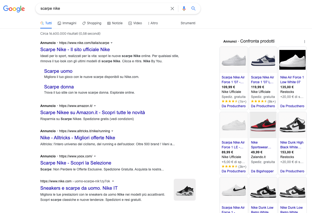 esempio serp google scarpe nike seonapsi 1 primi su google Primi su Google? Ecco la guida 2022, ma non ti spaventare Seonapsi - consulente SEO - realizza siti web - assistenza Wordpress
